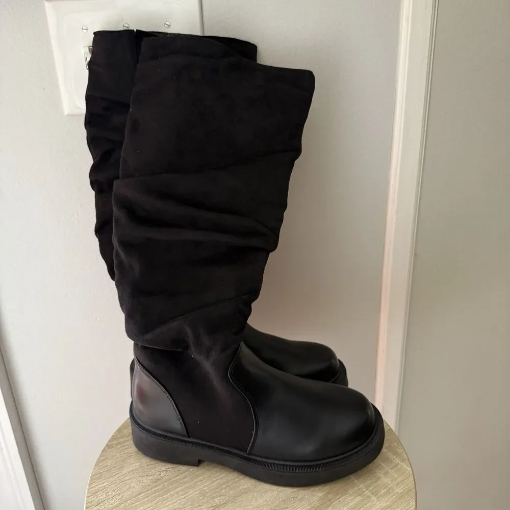 Women's Fashion Thick Heel Riding Boots Black Side Zipper Durable Elegant 7.5